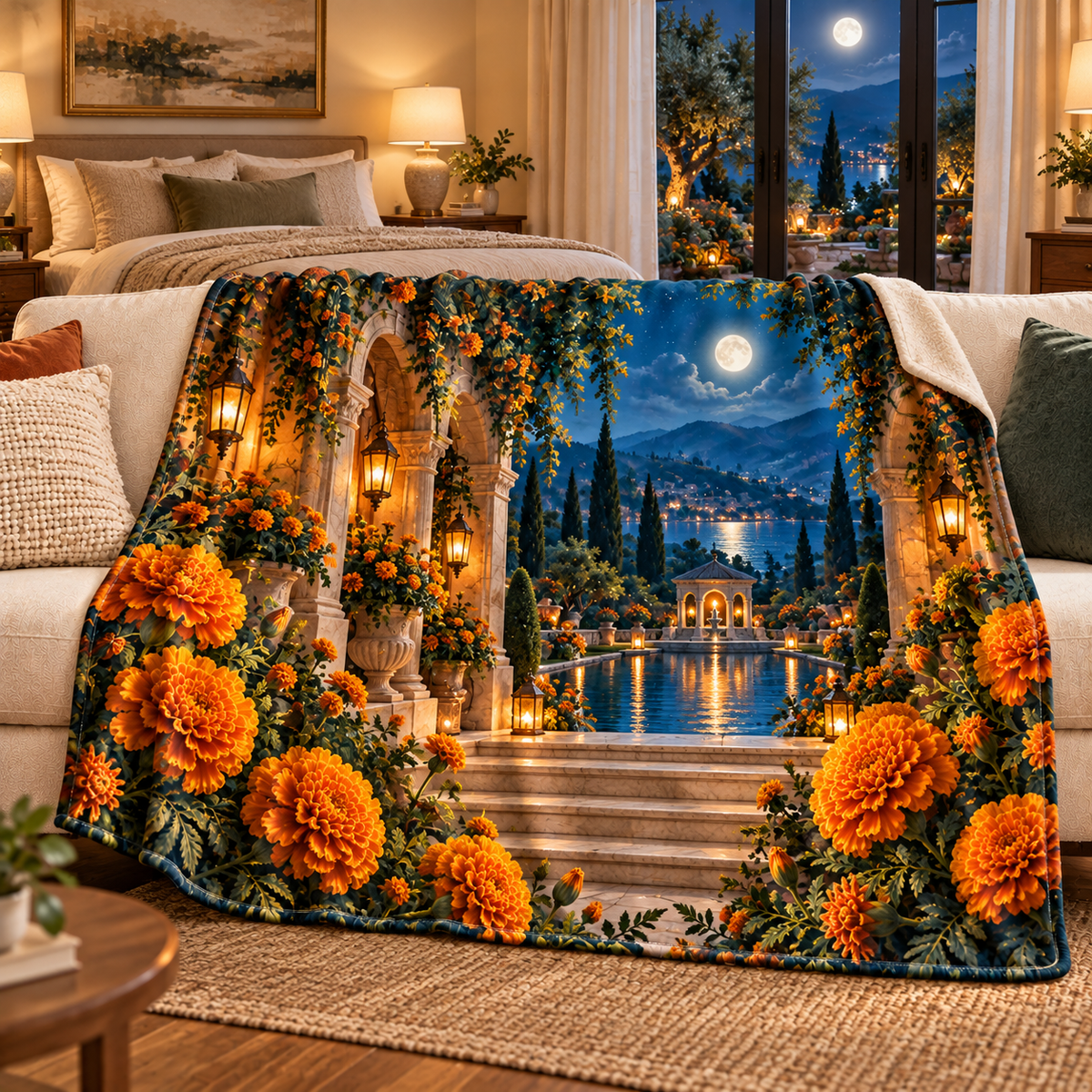 Marigold Mooncourt Sherpa & Fleece Blanket with flat printed optical 3D artwork in its use setting