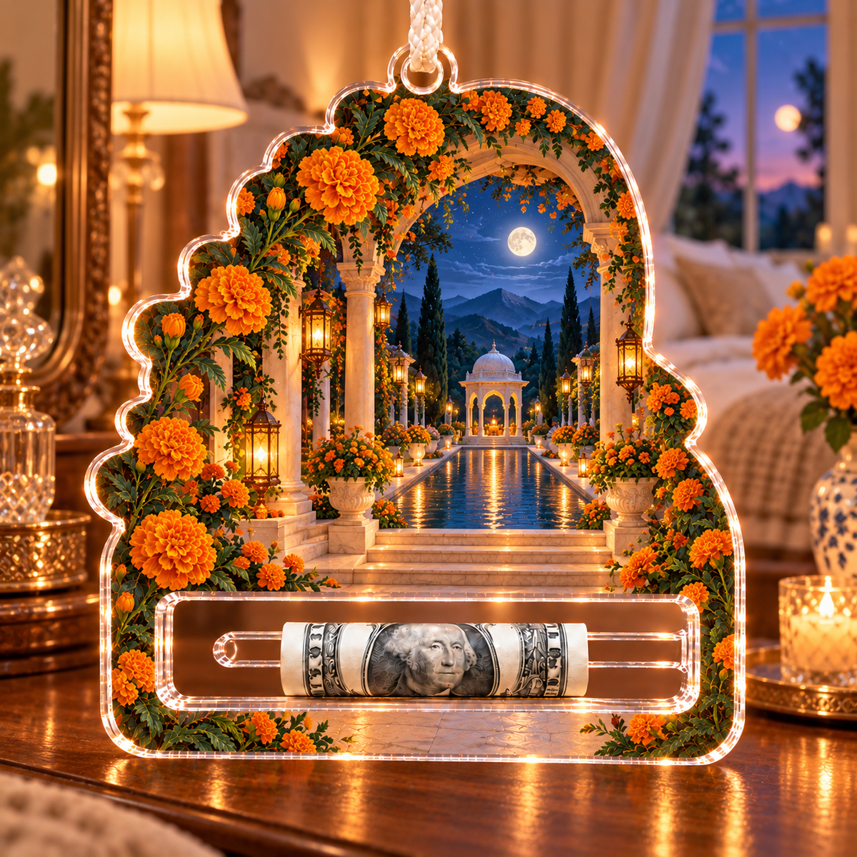 Marigold Mooncourt Acrylic Cash Holder Ornament with flat printed optical 3D artwork in its use setting