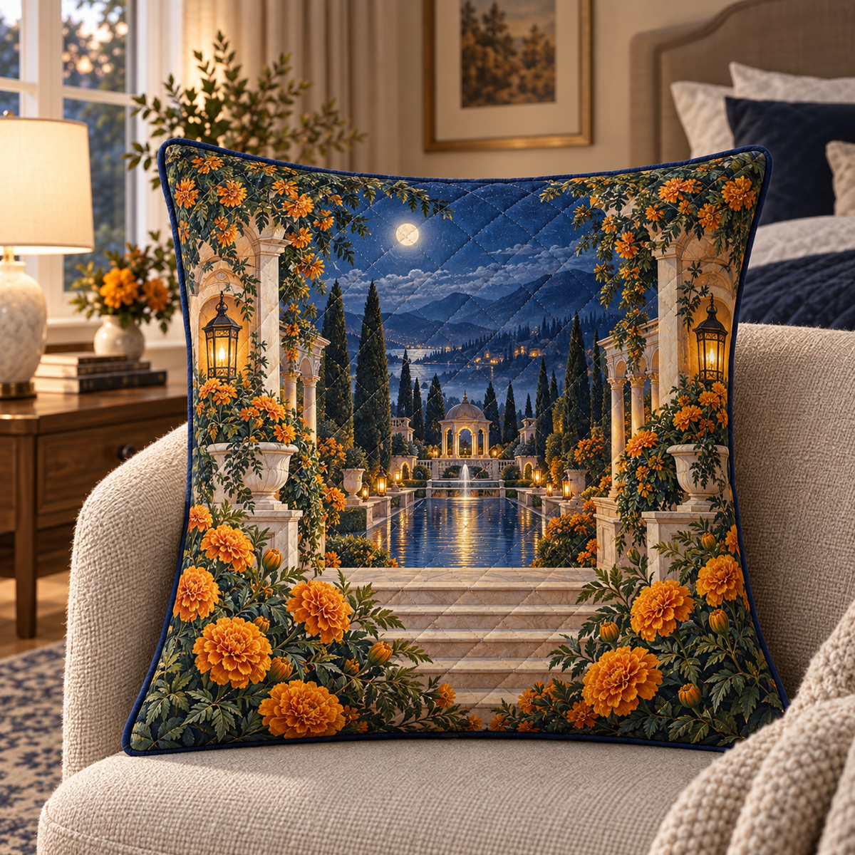 Marigold Mooncourt Quilted Cushion Cover with flat printed optical 3D artwork in its use setting