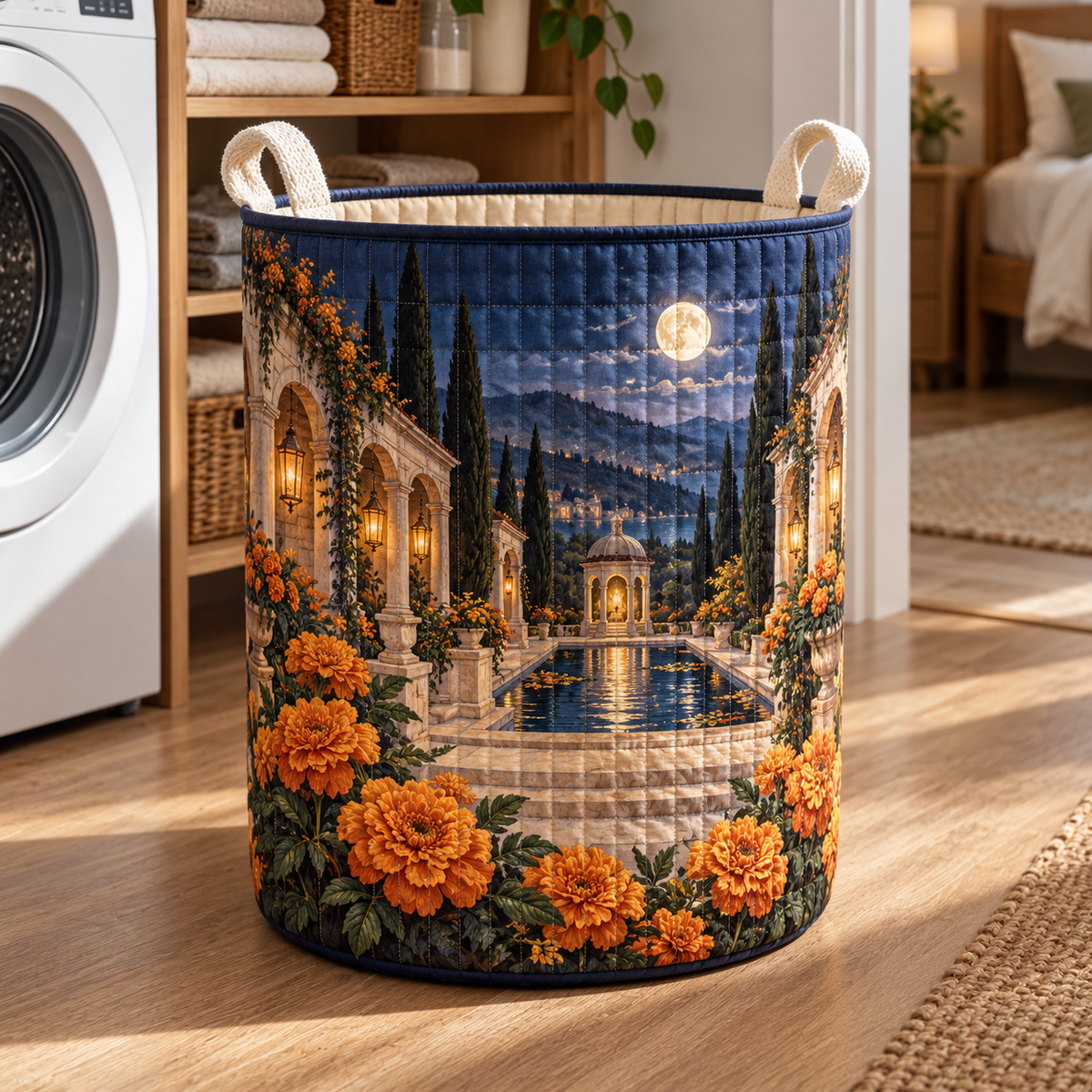 Marigold Mooncourt Laundry Hamper with flat printed optical 3D artwork in its use setting