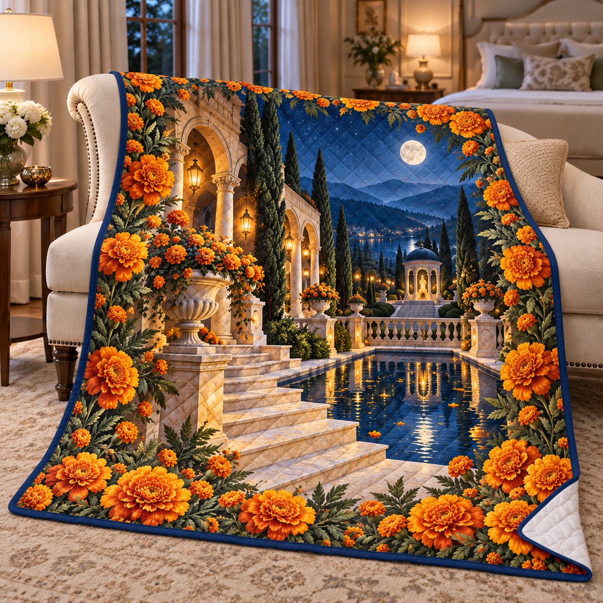 Marigold Mooncourt Quilt Blanket with flat printed optical 3D artwork in its use setting
