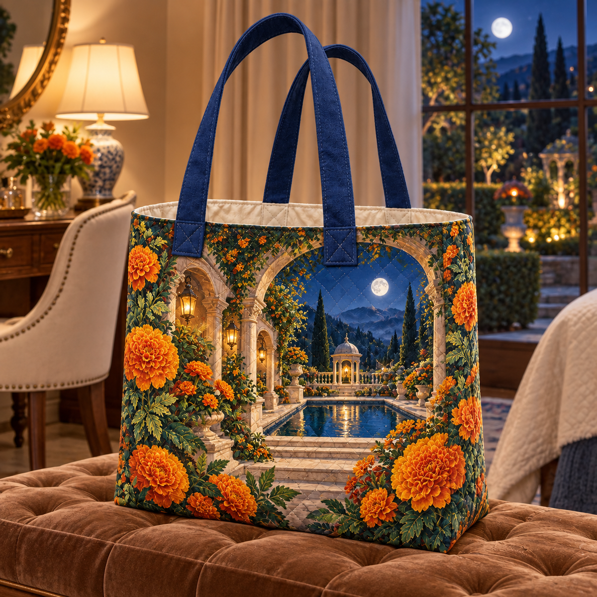 Marigold Mooncourt Quilted Tote Bag with flat printed optical 3D artwork in its use setting