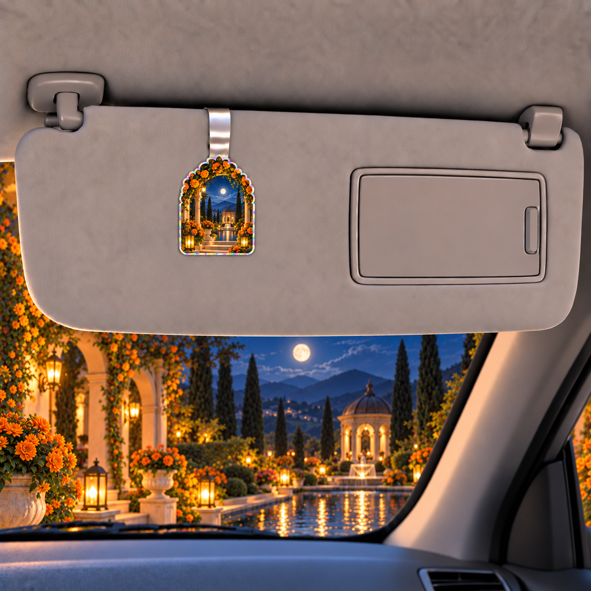 Marigold Mooncourt Holographic Car Visor Clip with flat printed optical 3D artwork in its use setting