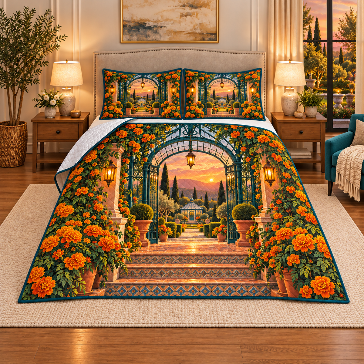 Marigold Sunroom Quilted Bedding Set with flat printed optical 3D artwork in its use setting