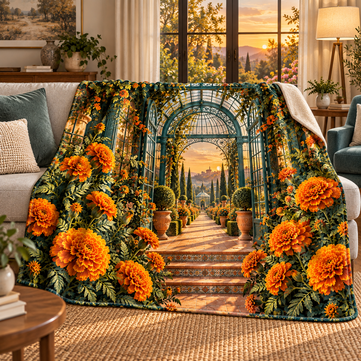 Marigold Sunroom Sherpa & Fleece Blanket with flat printed optical 3D artwork in its use setting