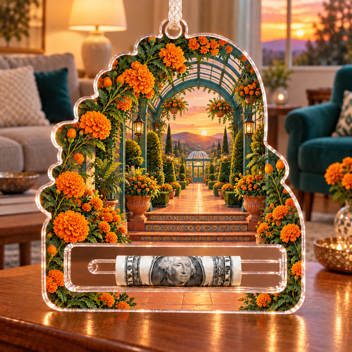 Marigold Sunroom Acrylic Cash Holder Ornament with flat printed optical 3D artwork in its use setting