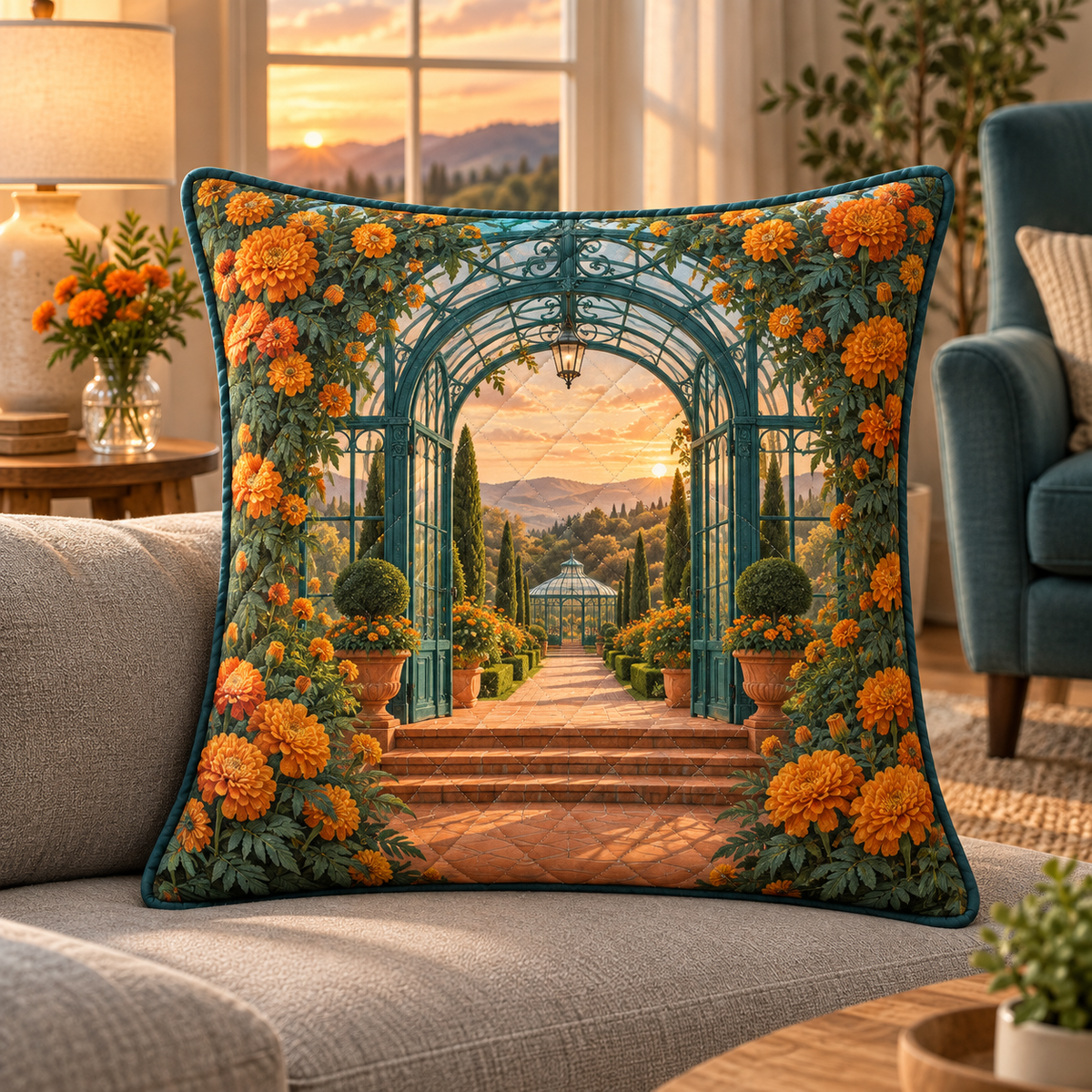 Marigold Sunroom Quilted Cushion Cover with flat printed optical 3D artwork in its use setting