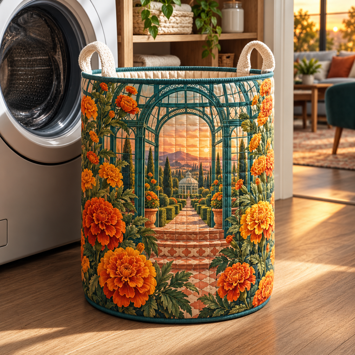 Marigold Sunroom Laundry Hamper with flat printed optical 3D artwork in its use setting