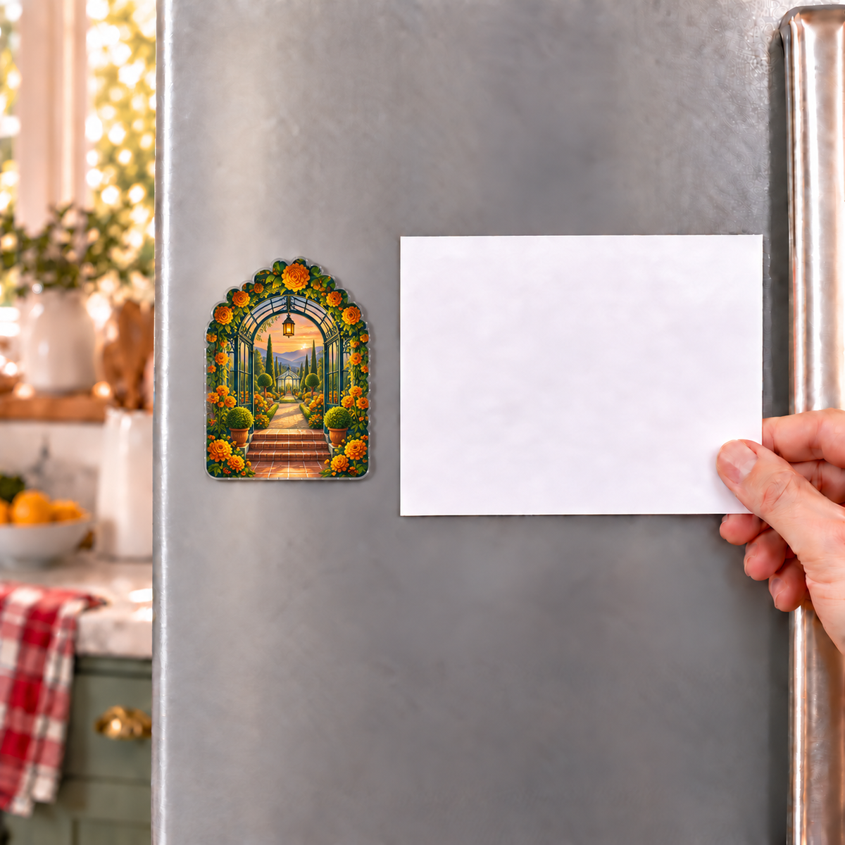 Marigold Sunroom Acrylic Refrigerator Magnet with flat printed optical 3D artwork in its use setting