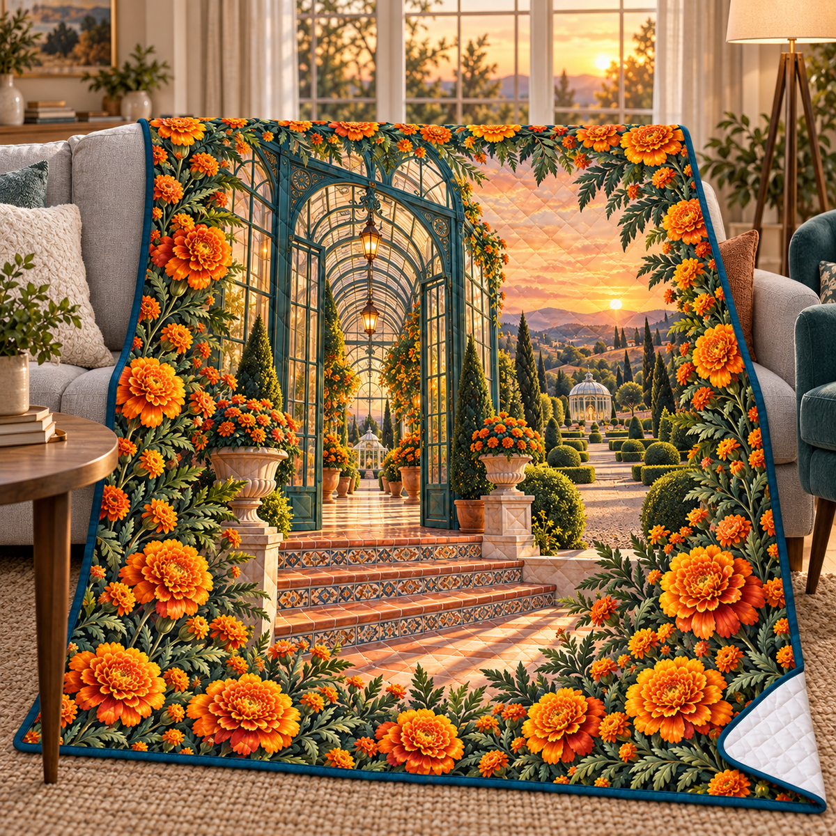 Marigold Sunroom Quilt Blanket with flat printed optical 3D artwork in its use setting