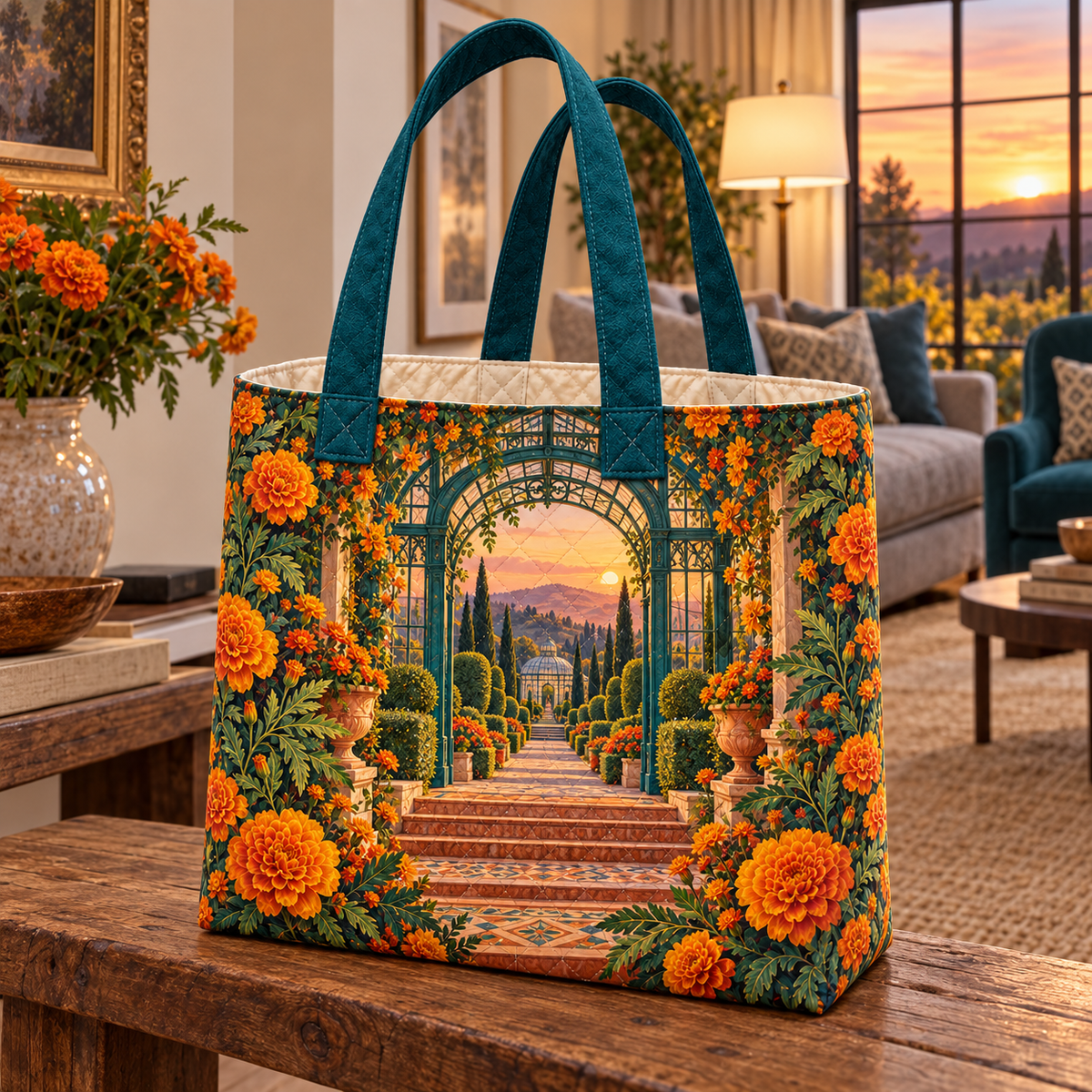 Marigold Sunroom Quilted Tote Bag with flat printed optical 3D artwork in its use setting