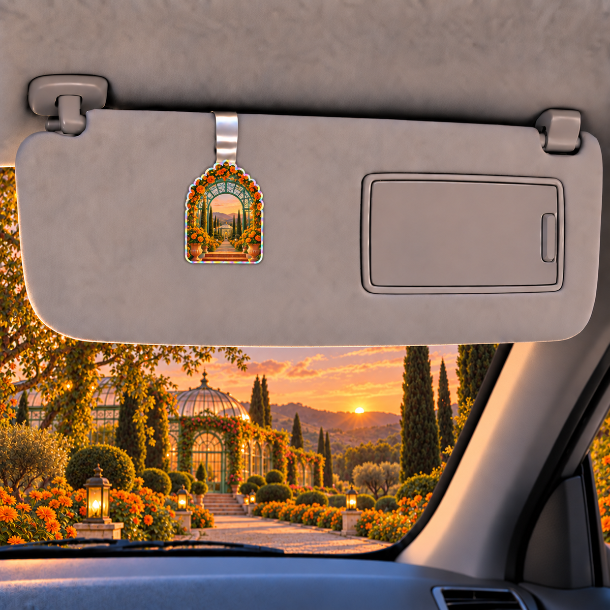 Marigold Sunroom Holographic Car Visor Clip with flat printed optical 3D artwork in its use setting