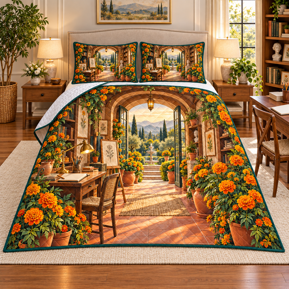 Marigold Atelier Quilted Bedding Set with flat printed optical 3D artwork in its use setting