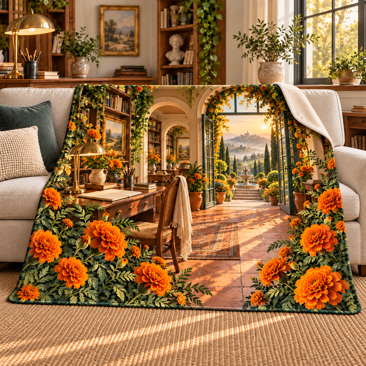 Marigold Atelier Sherpa & Fleece Blanket with flat printed optical 3D artwork in its use setting
