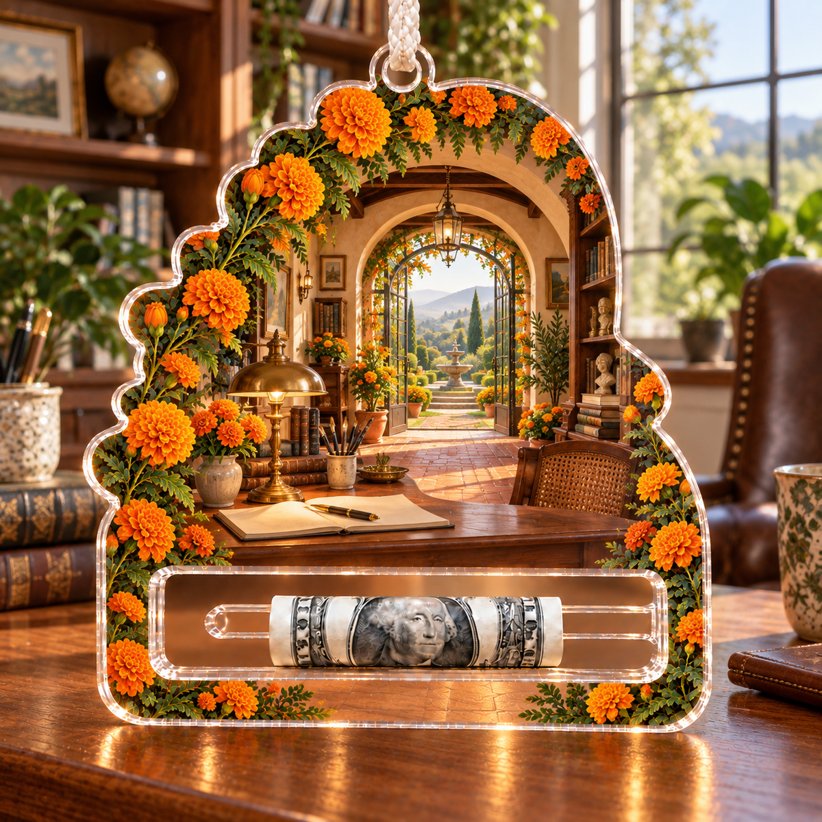 Marigold Atelier Acrylic Cash Holder Ornament with flat printed optical 3D artwork in its use setting