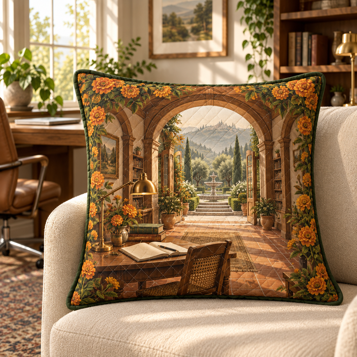 Marigold Atelier Quilted Cushion Cover with flat printed optical 3D artwork in its use setting