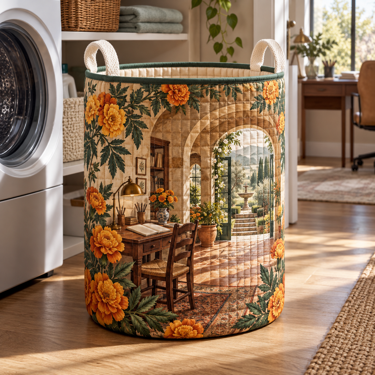 Marigold Atelier Laundry Hamper with flat printed optical 3D artwork in its use setting