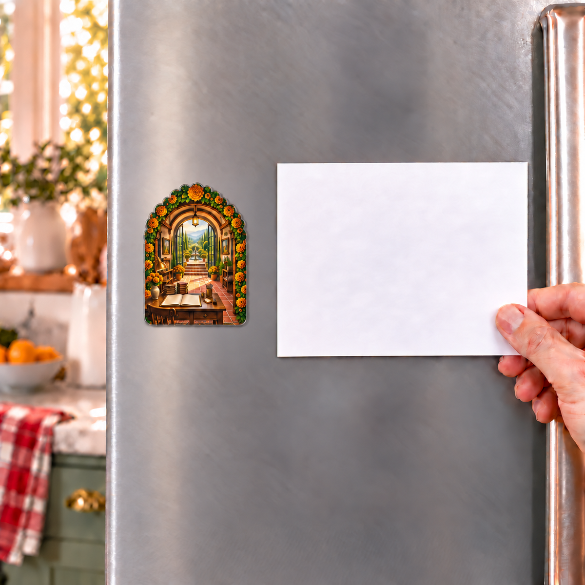 Marigold Atelier Acrylic Refrigerator Magnet with flat printed optical 3D artwork in its use setting