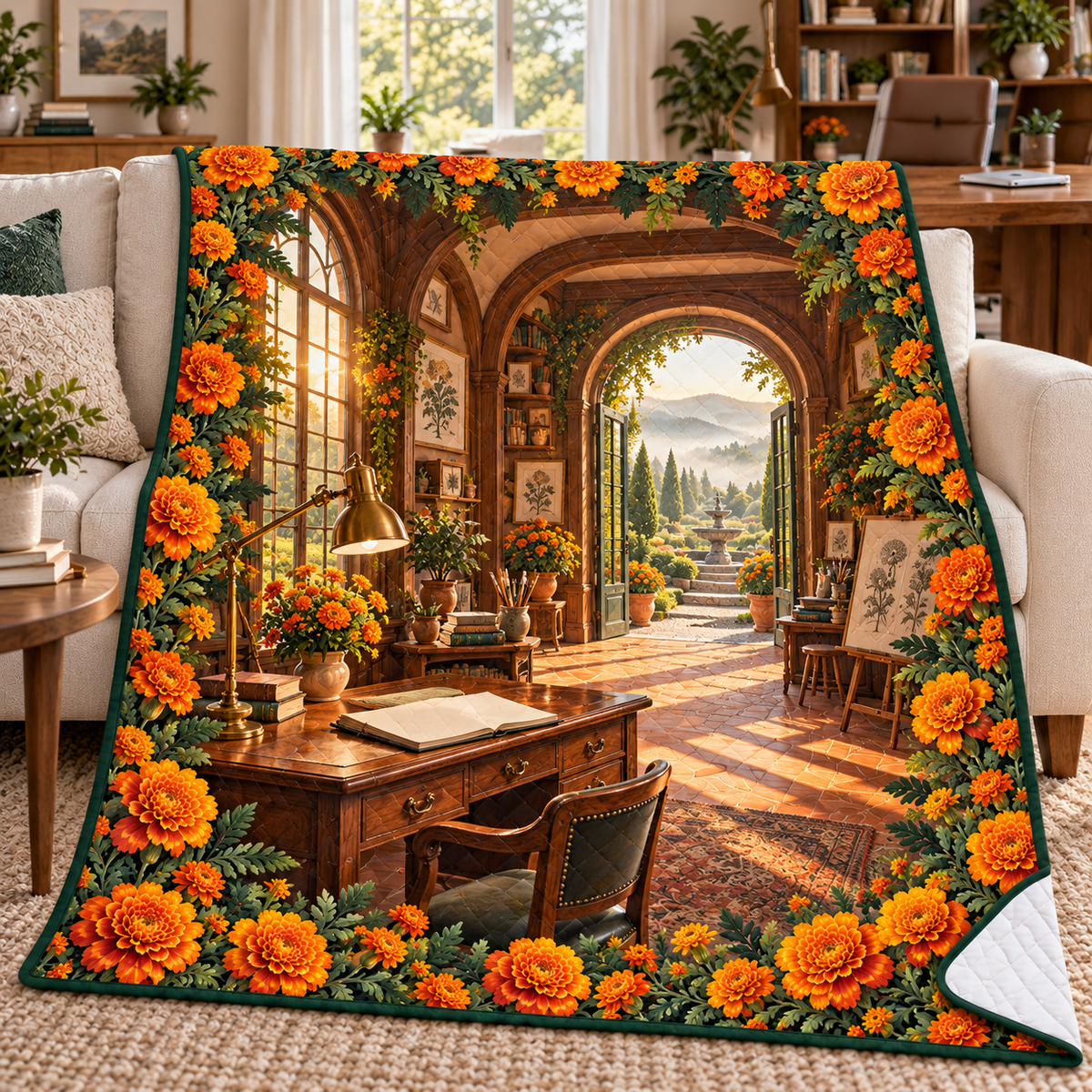 Marigold Atelier Quilt Blanket with flat printed optical 3D artwork in its use setting