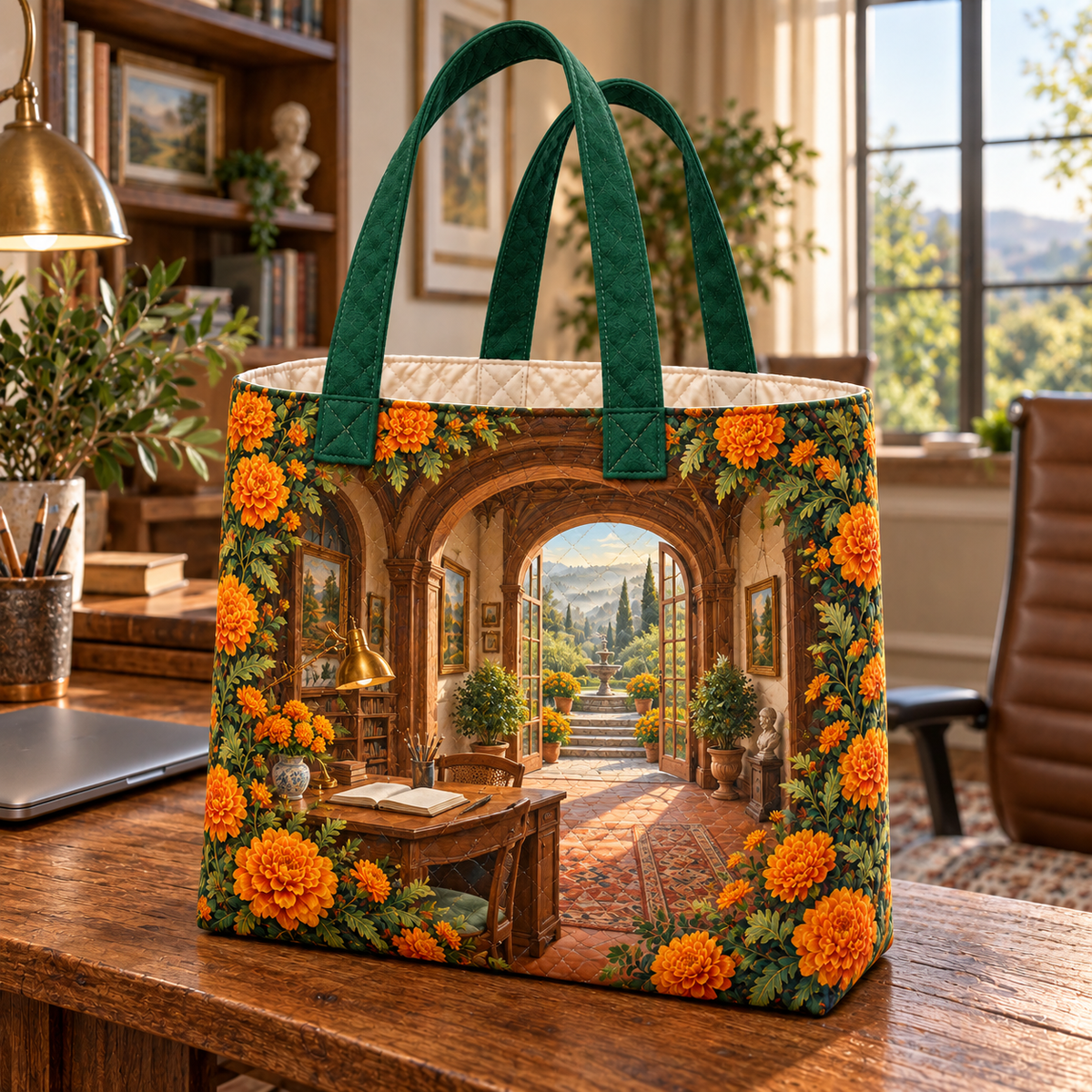 Marigold Atelier Quilted Tote Bag with flat printed optical 3D artwork in its use setting