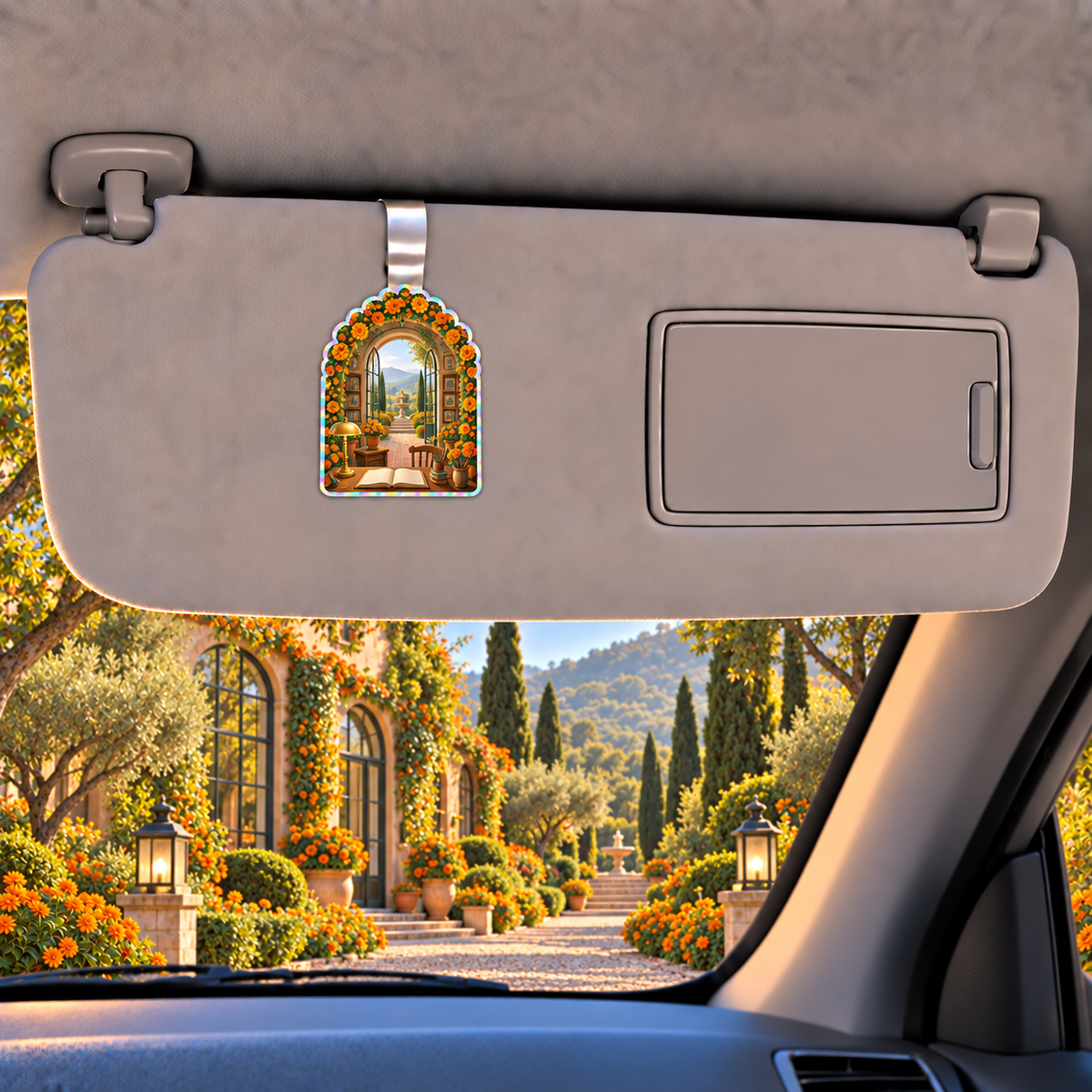 Marigold Atelier Holographic Car Visor Clip with flat printed optical 3D artwork in its use setting