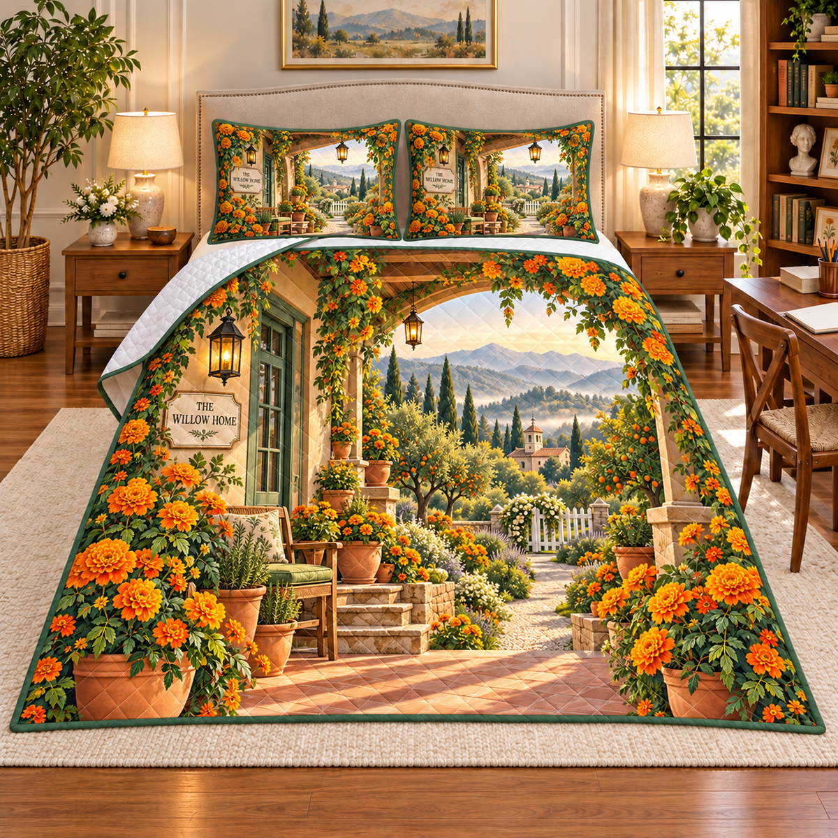 Marigold Hearth Quilted Bedding Set with integrated sample household name and flat printed cottage garden artwork