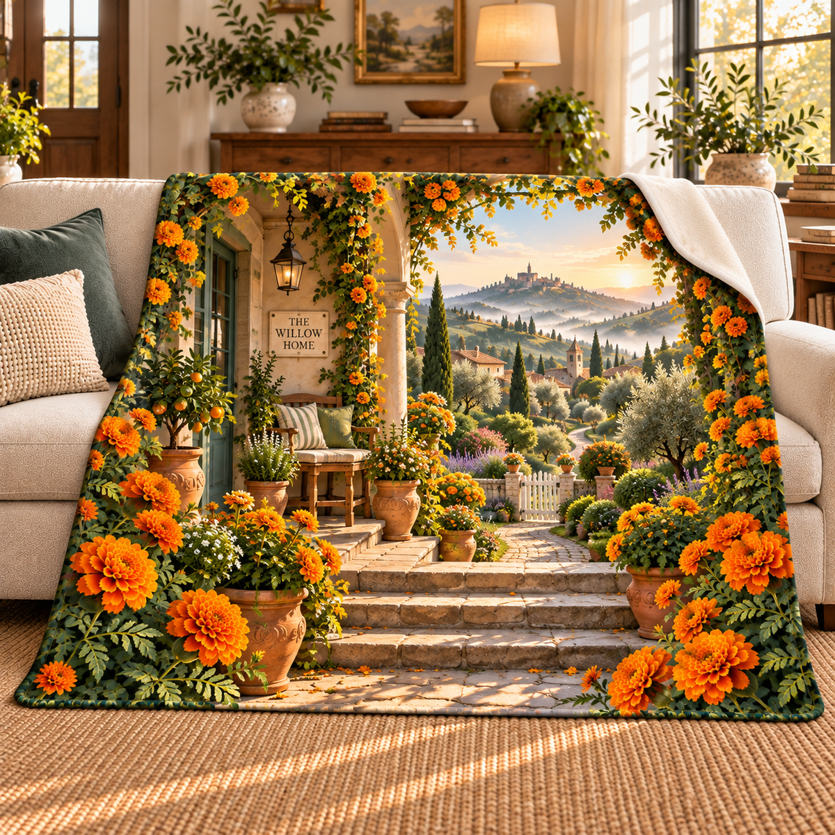 Marigold Hearth Sherpa & Fleece Blanket with integrated sample household name and flat printed cottage garden artwork