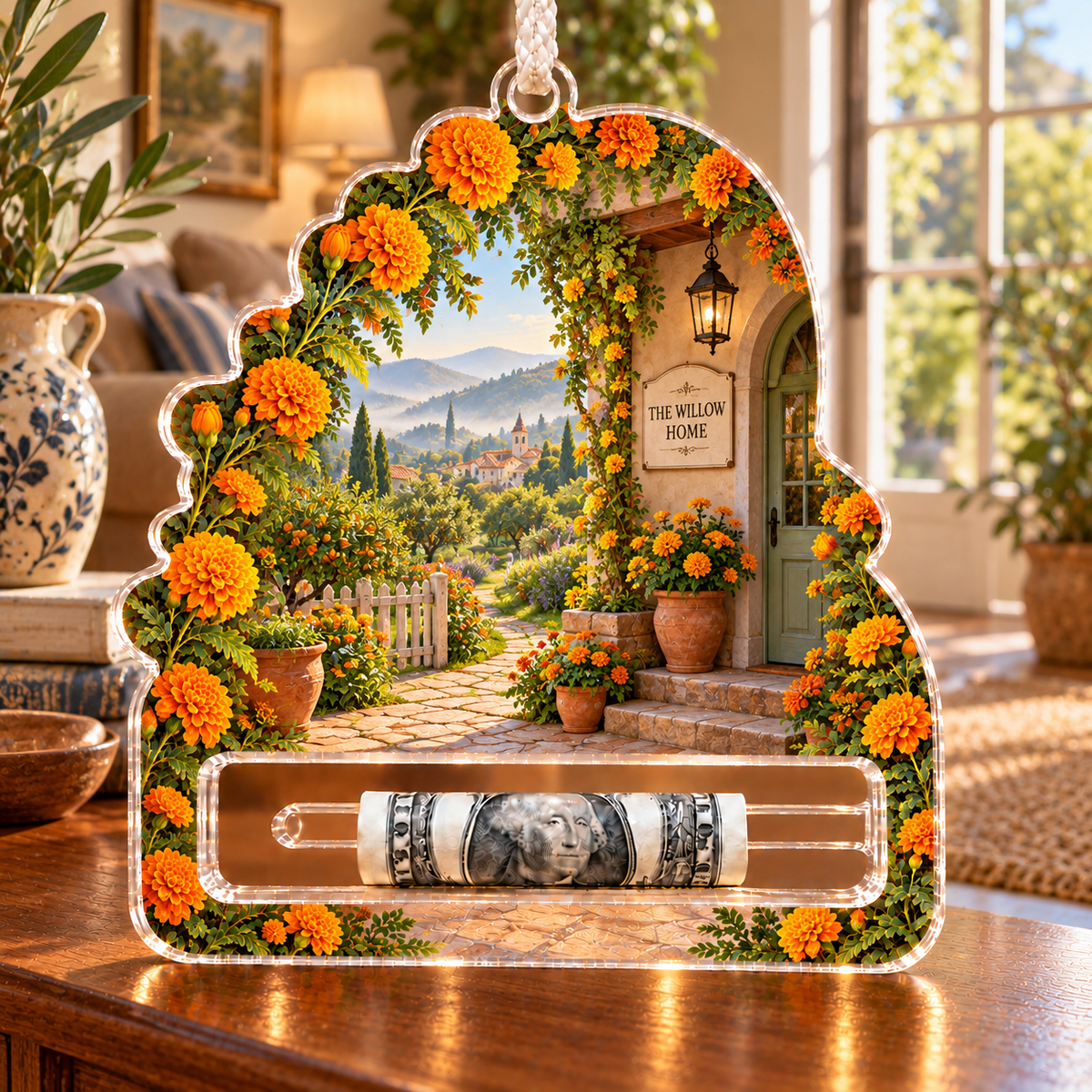 Marigold Hearth Acrylic Cash Holder Ornament with integrated sample household name and flat printed cottage garden artwork