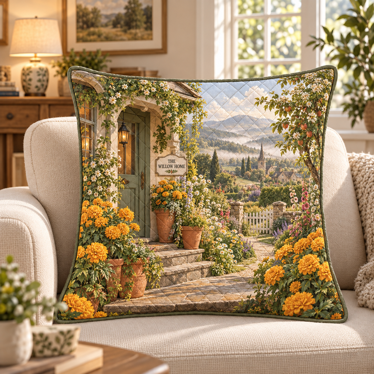 Marigold Hearth Quilted Cushion Cover with integrated sample household name and flat printed cottage garden artwork