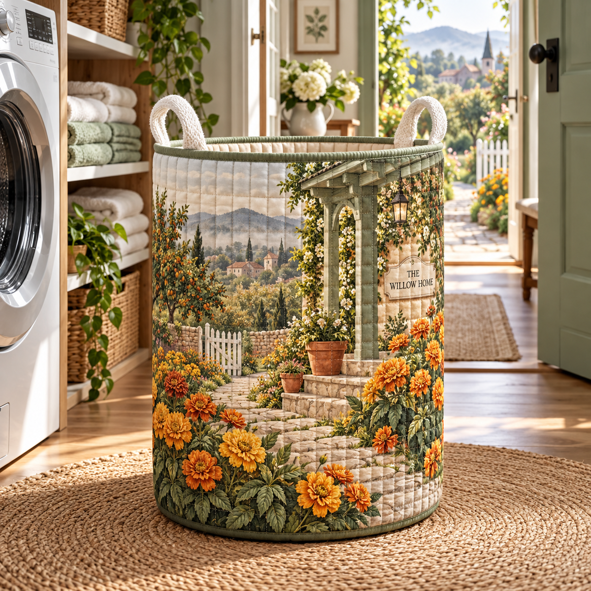 Marigold Hearth Laundry Hamper with integrated sample household name and flat printed cottage garden artwork