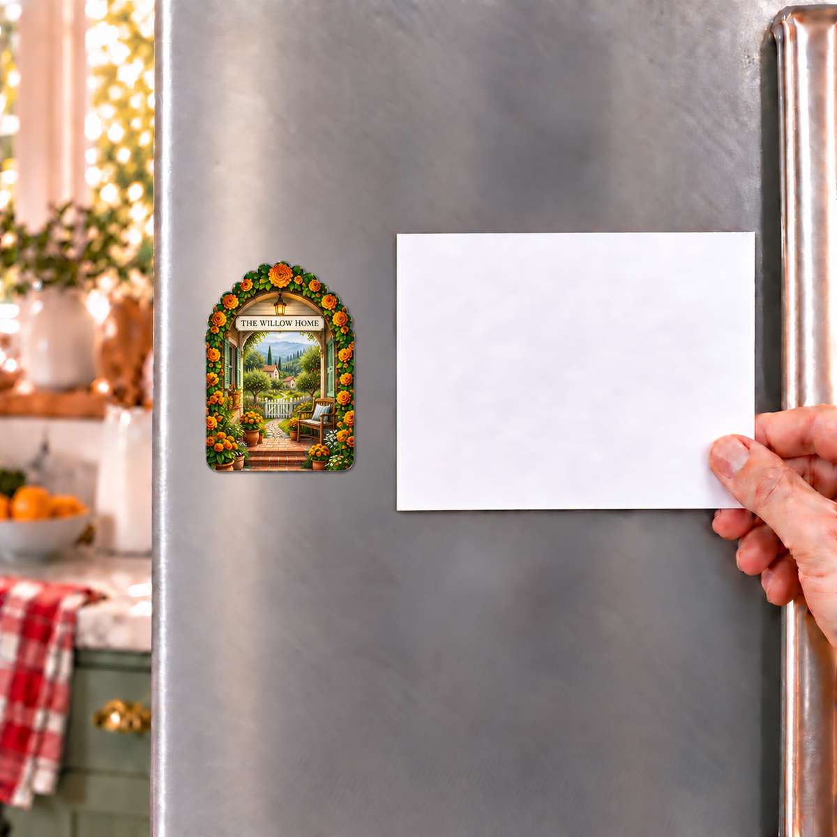 Marigold Hearth Acrylic Refrigerator Magnet with integrated sample household name and flat printed cottage garden artwork