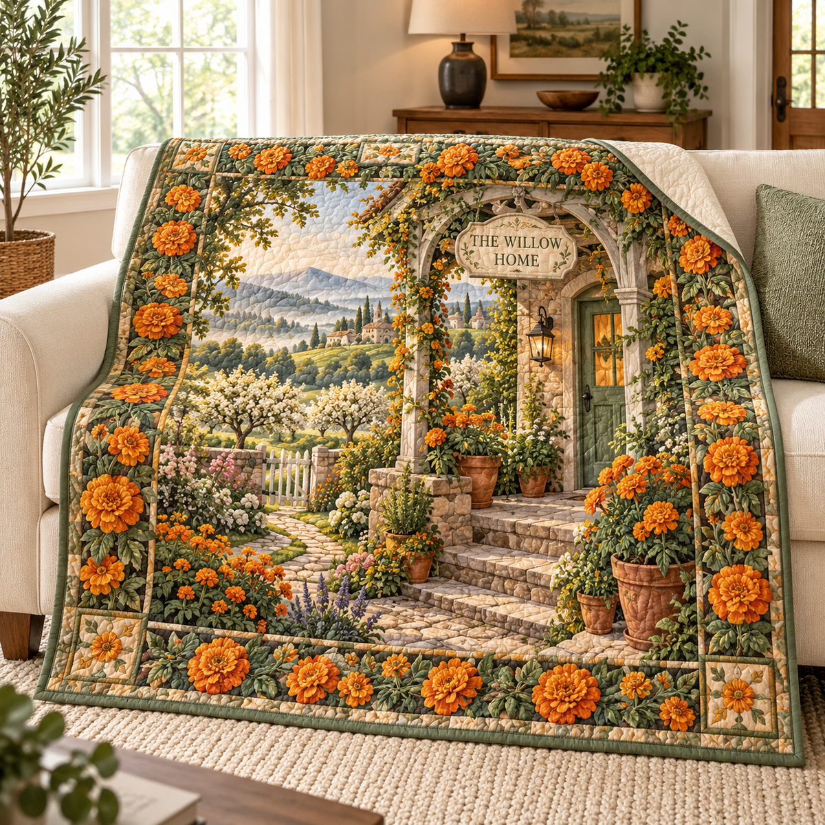 Marigold Hearth Quilt Blanket with integrated sample household name and flat printed cottage garden artwork