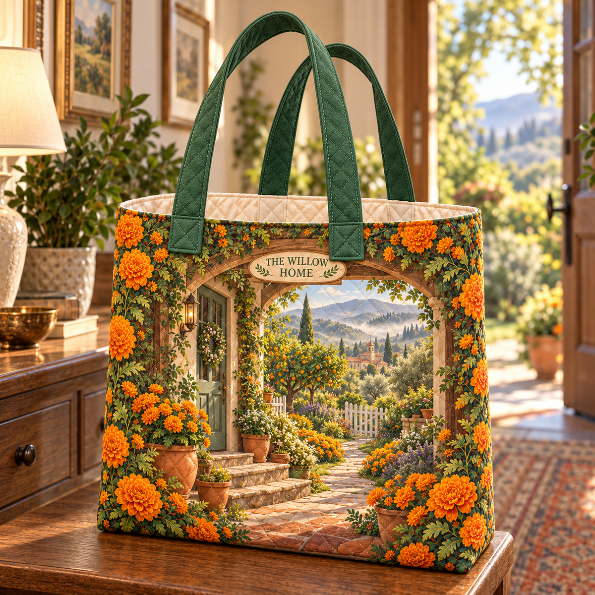 Marigold Hearth Quilted Tote Bag with integrated sample household name and flat printed cottage garden artwork