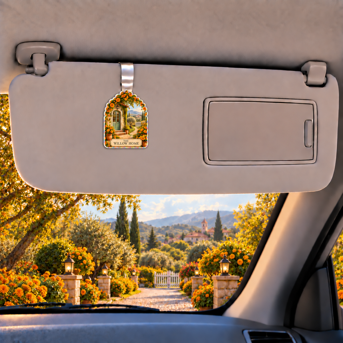 Marigold Hearth Holographic Car Visor Clip with integrated sample household name and flat printed cottage garden artwork