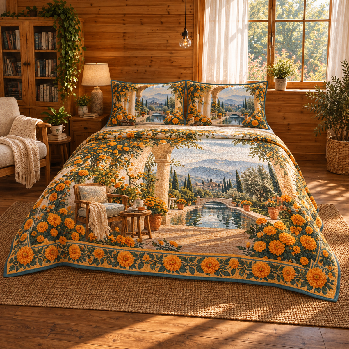 Marigold Stillwater Quilted Bedding Set with flat printed quiet reading alcove and reflecting garden artwork