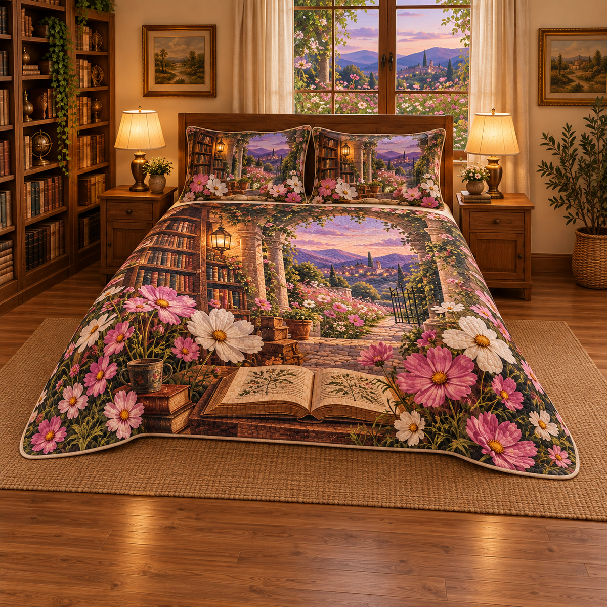 Cosmos Reading Haven Quilted Bedding Set with flat printed optical 3D cosmos and library artwork