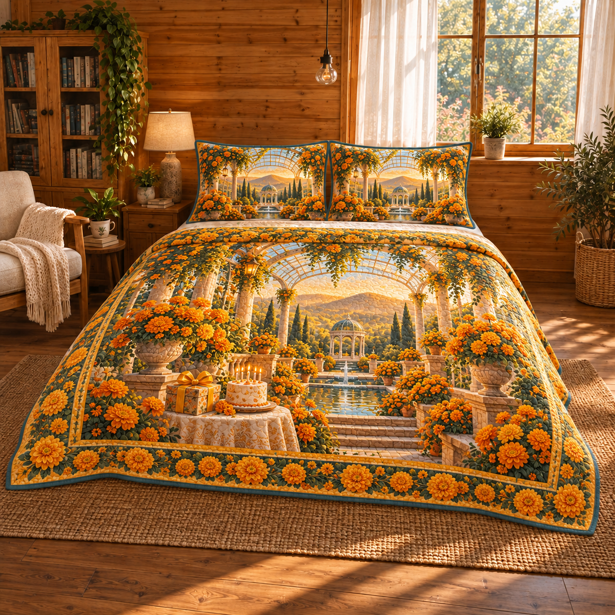 Marigold Jubilee Quilted Bedding Set with flat printed birthday conservatory artwork