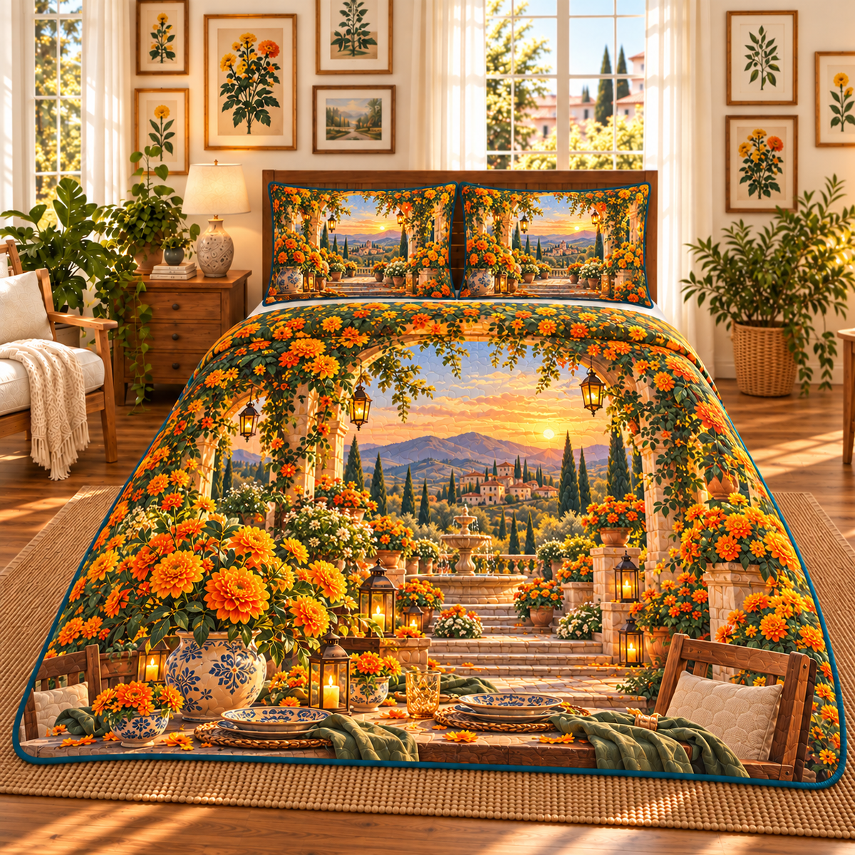 Marigold Welcome Table Quilted Bedding Set with flat printed optical 3D botanical artwork