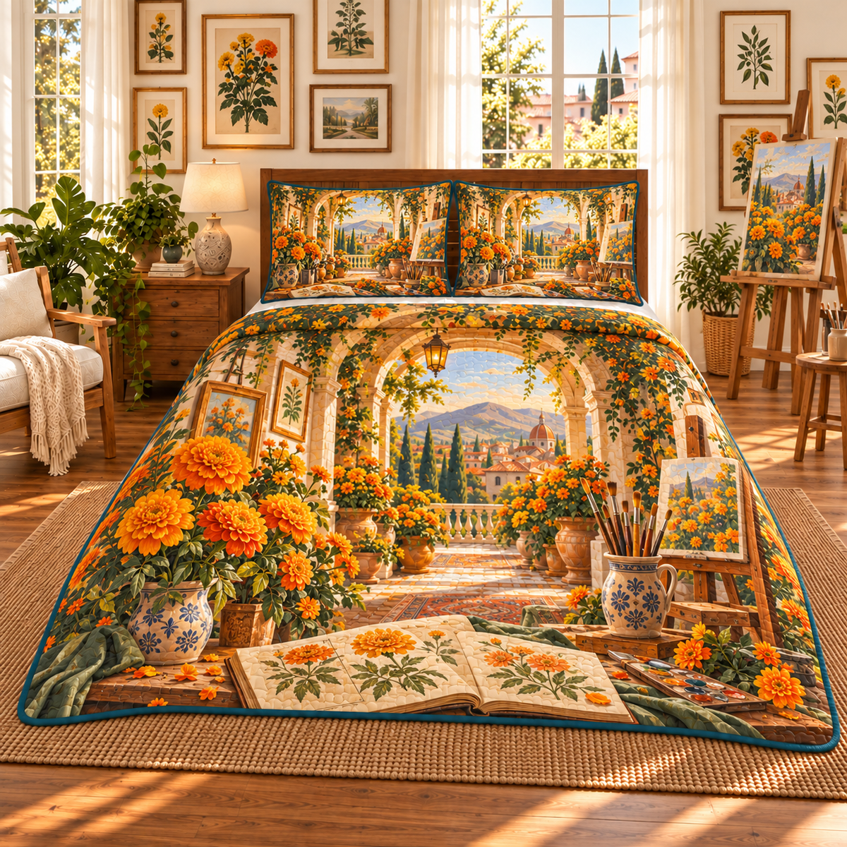 Marigold Creative Retreat Quilted Bedding Set with flat printed optical 3D botanical artwork