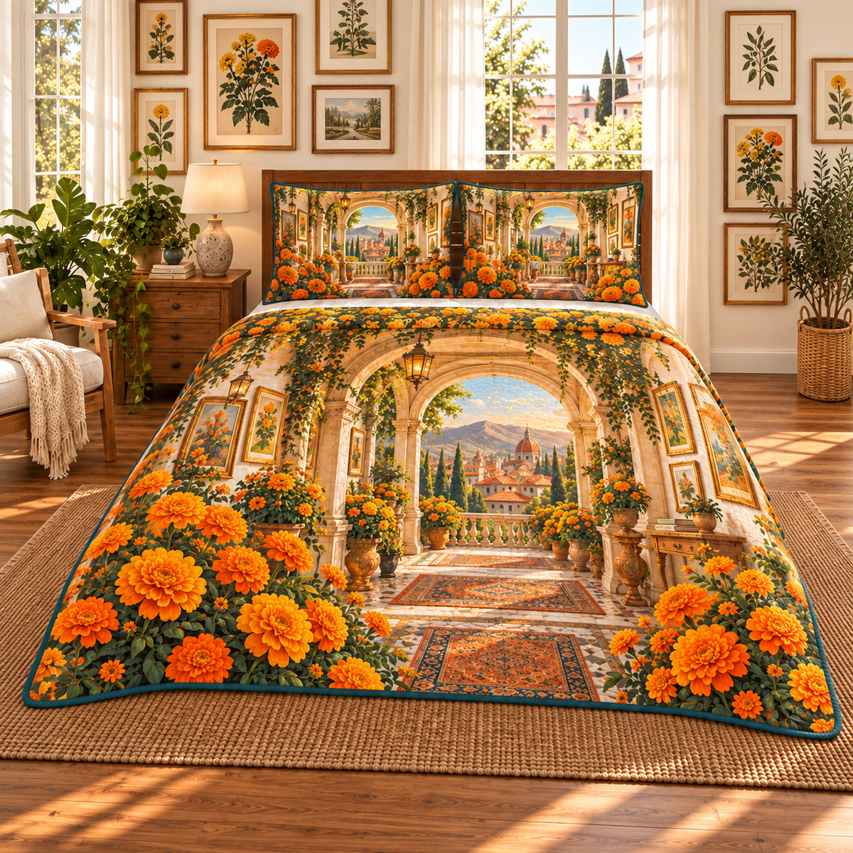 Marigold City Gallery Quilted Bedding Set with flat printed optical 3D botanical artwork