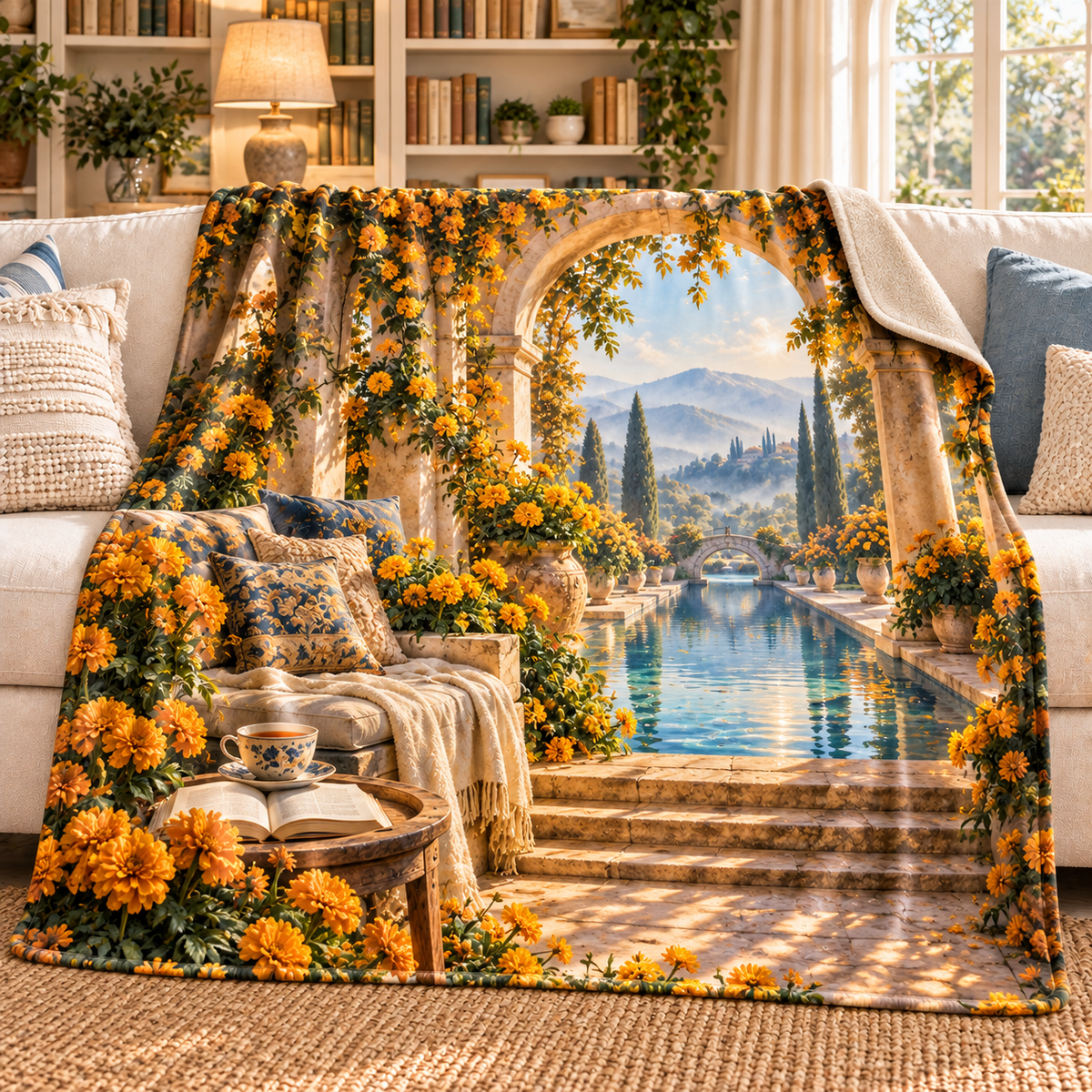 Marigold Stillwater Sherpa & Fleece Blanket with flat printed quiet reading alcove and reflecting garden artwork
