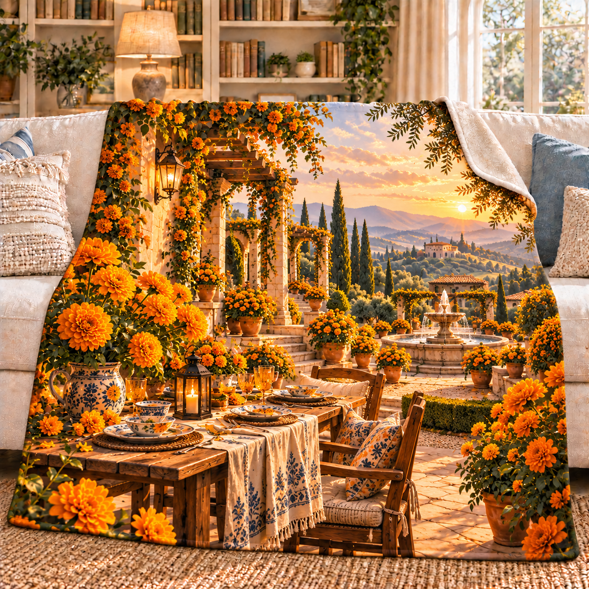 Marigold Welcome Table Sherpa & Fleece Blanket with flat printed optical 3D botanical artwork