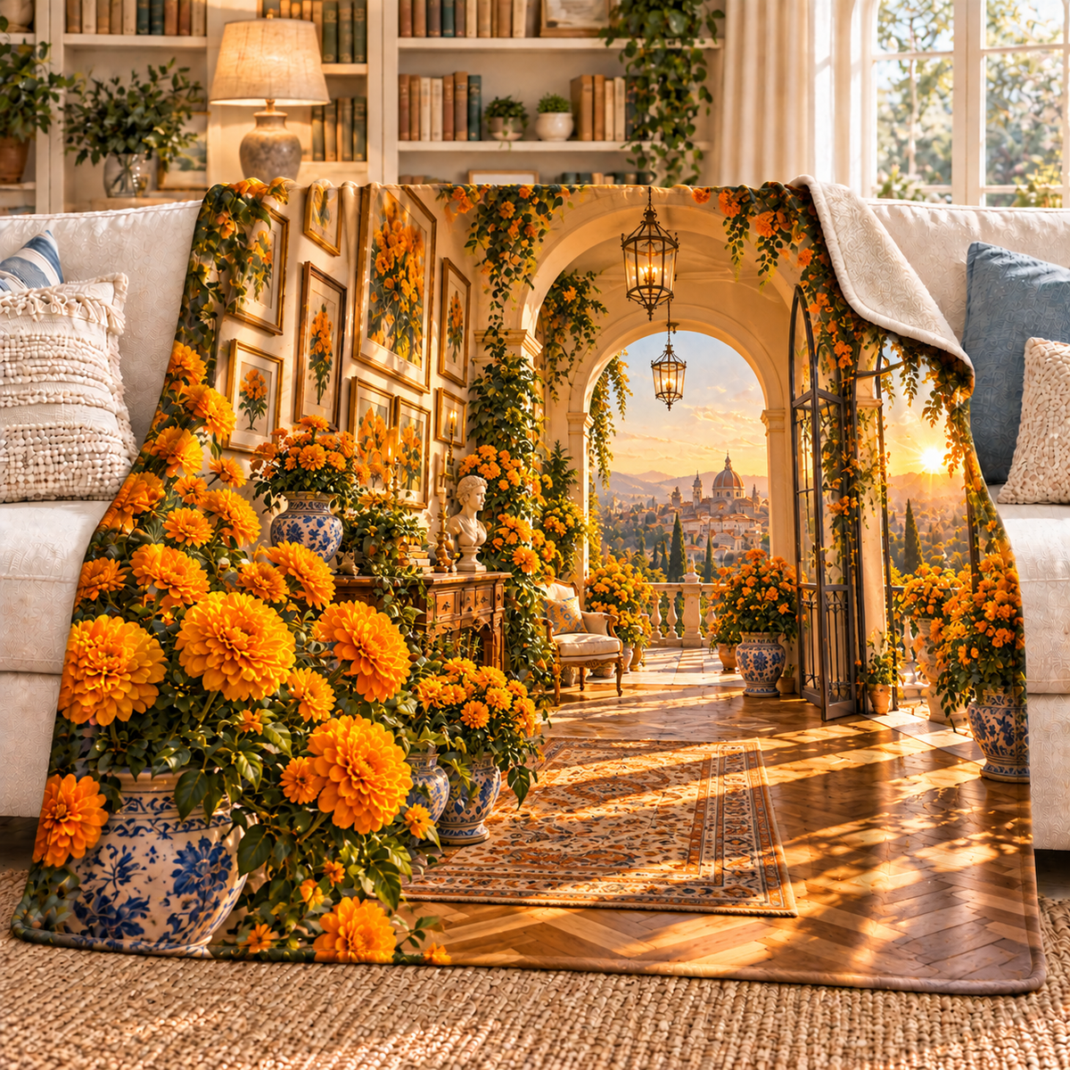Marigold City Gallery Sherpa & Fleece Blanket with flat printed optical 3D botanical artwork