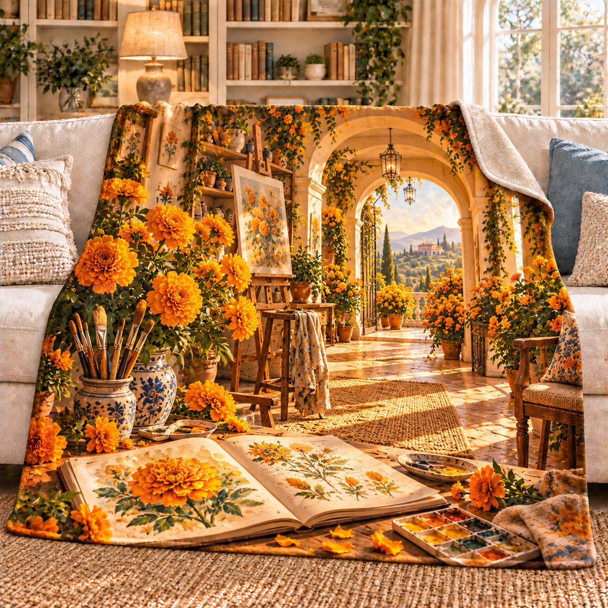 Marigold Creative Retreat Sherpa & Fleece Blanket with flat printed optical 3D botanical artwork