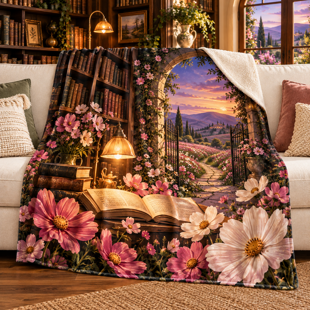 Cosmos Reading Haven Sherpa & Fleece Blanket with flat printed optical 3D cosmos and library artwork