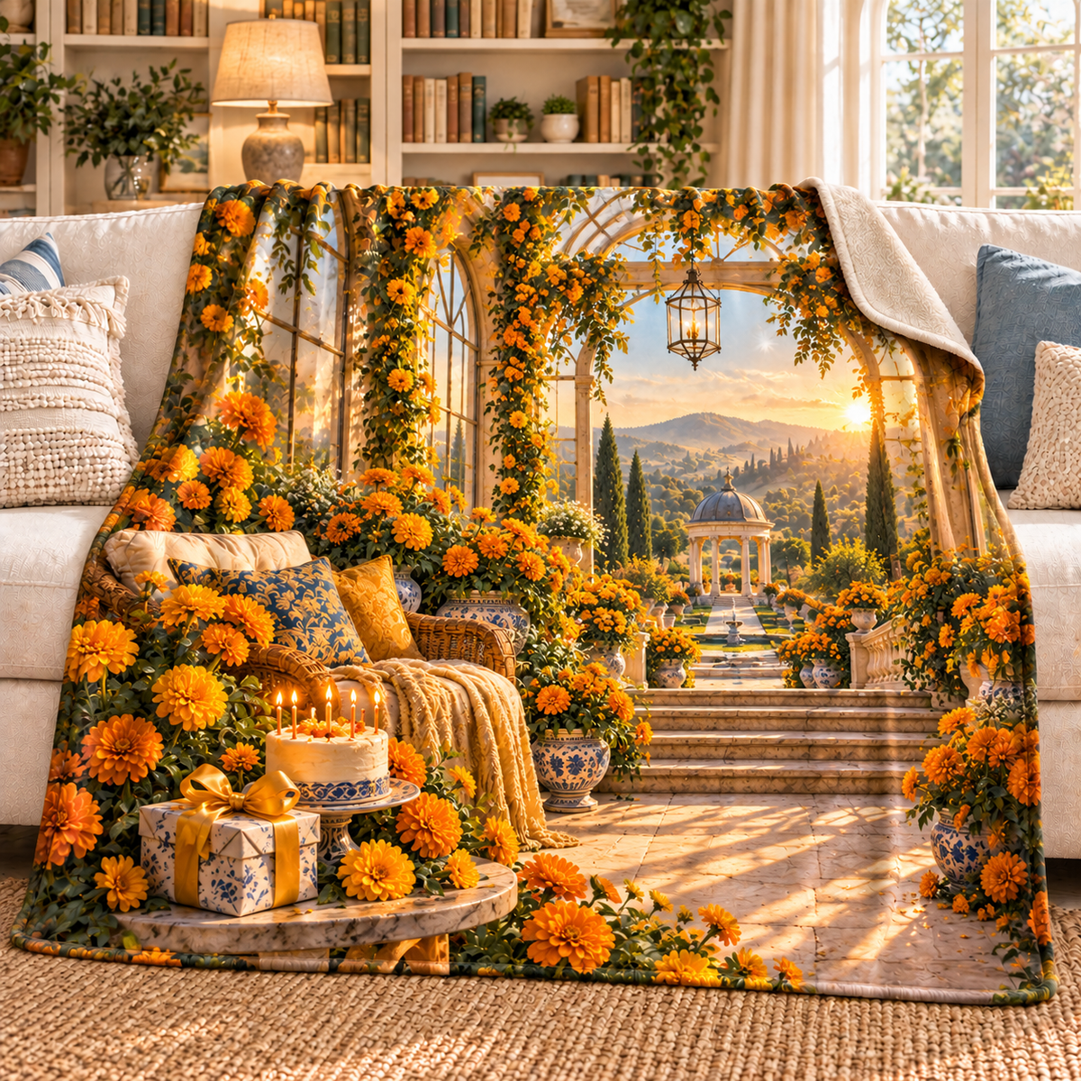 Marigold Jubilee Sherpa & Fleece Blanket with flat printed birthday conservatory artwork