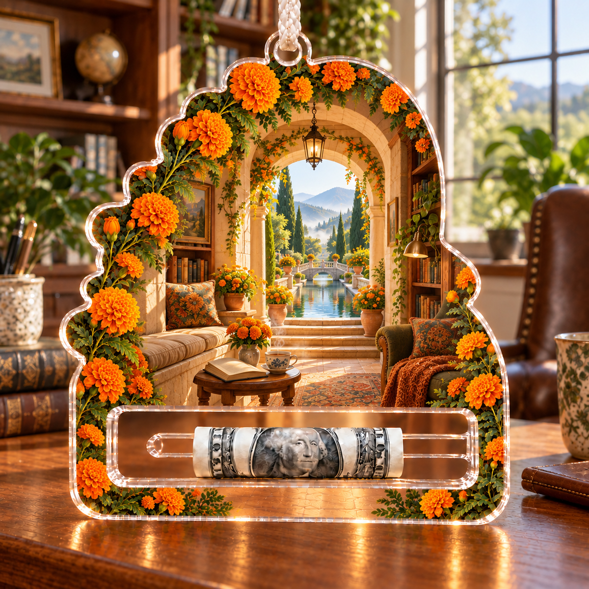Marigold Stillwater Acrylic Cash Holder Ornament with flat printed quiet reading alcove and reflecting garden artwork