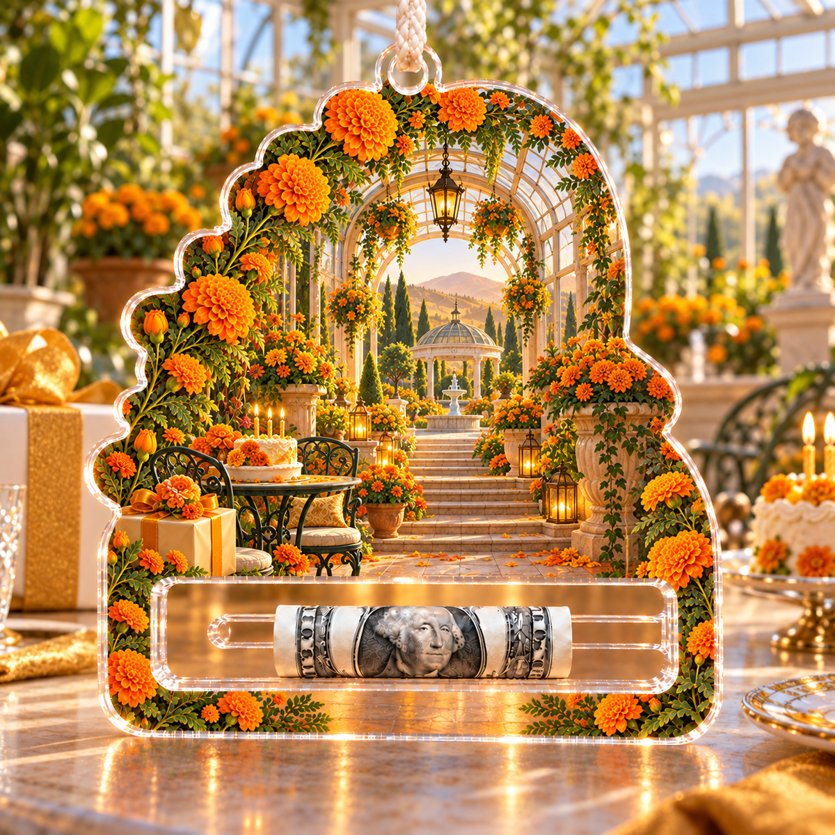 Marigold Jubilee Acrylic Cash Holder Ornament with flat printed birthday conservatory artwork