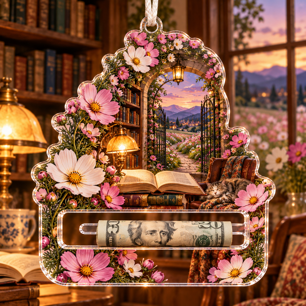 Cosmos Reading Haven Acrylic Cash Holder Ornament with flat printed optical 3D cosmos and library artwork