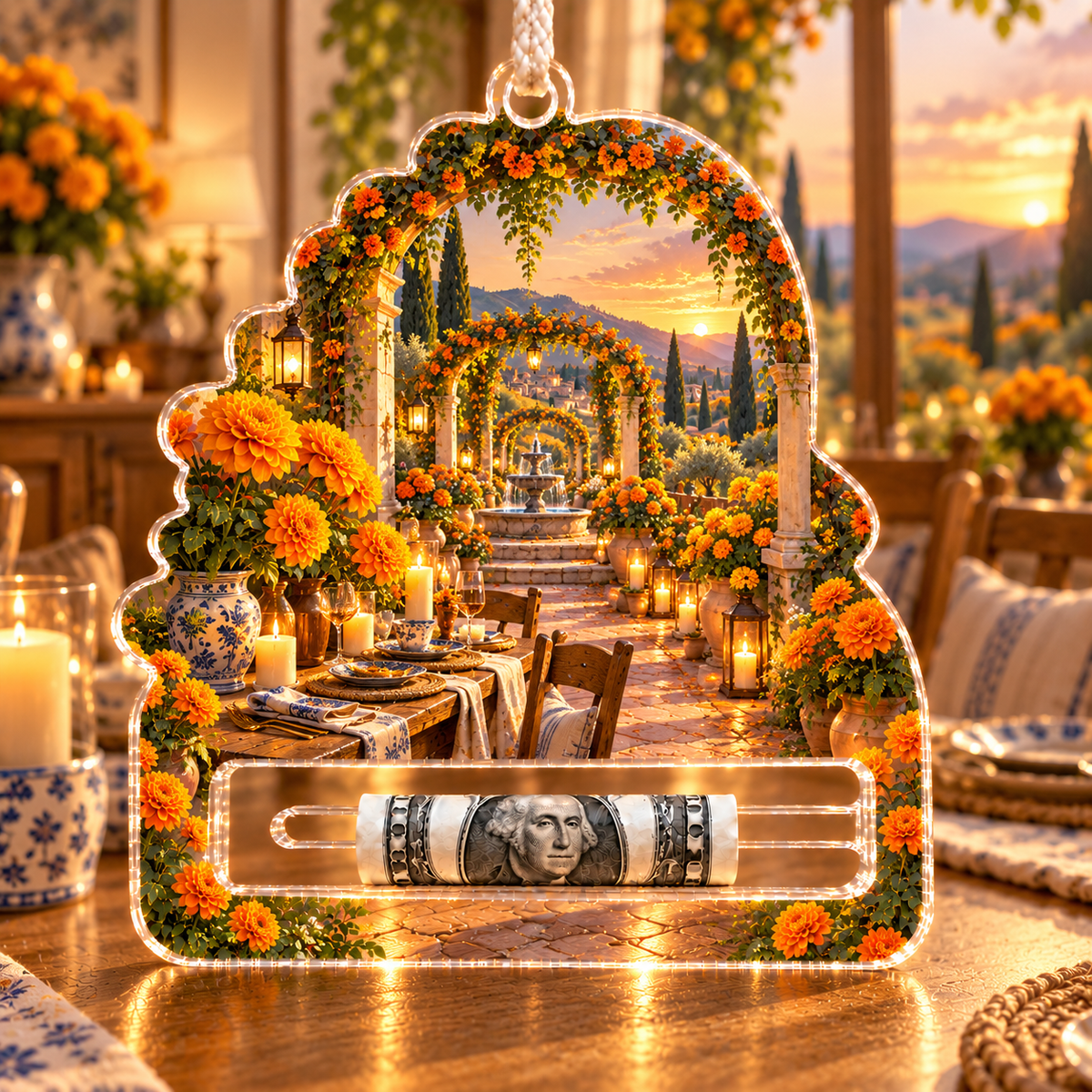 Marigold Welcome Table Acrylic Cash Holder Ornament with flat printed optical 3D botanical artwork